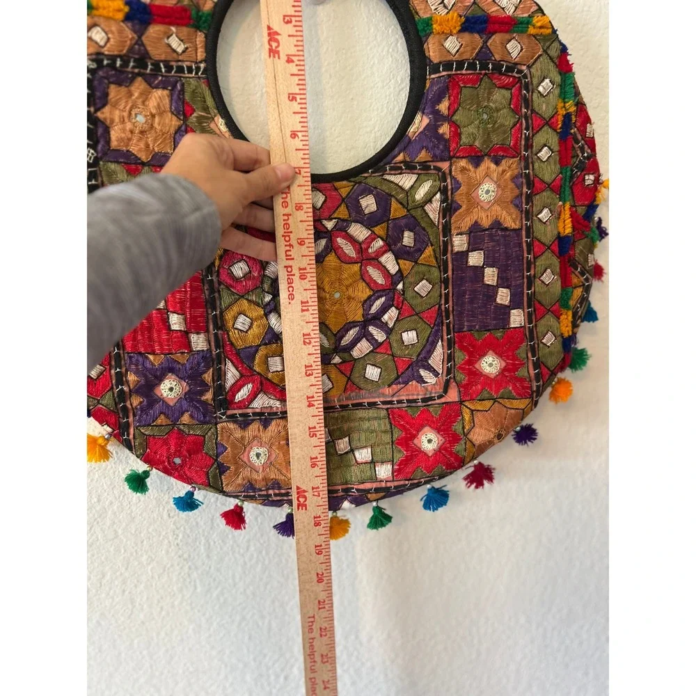 Boho‎ Banjara Embroidered Round Tote Bag Tassel Patchwork Circular Hobo Multi